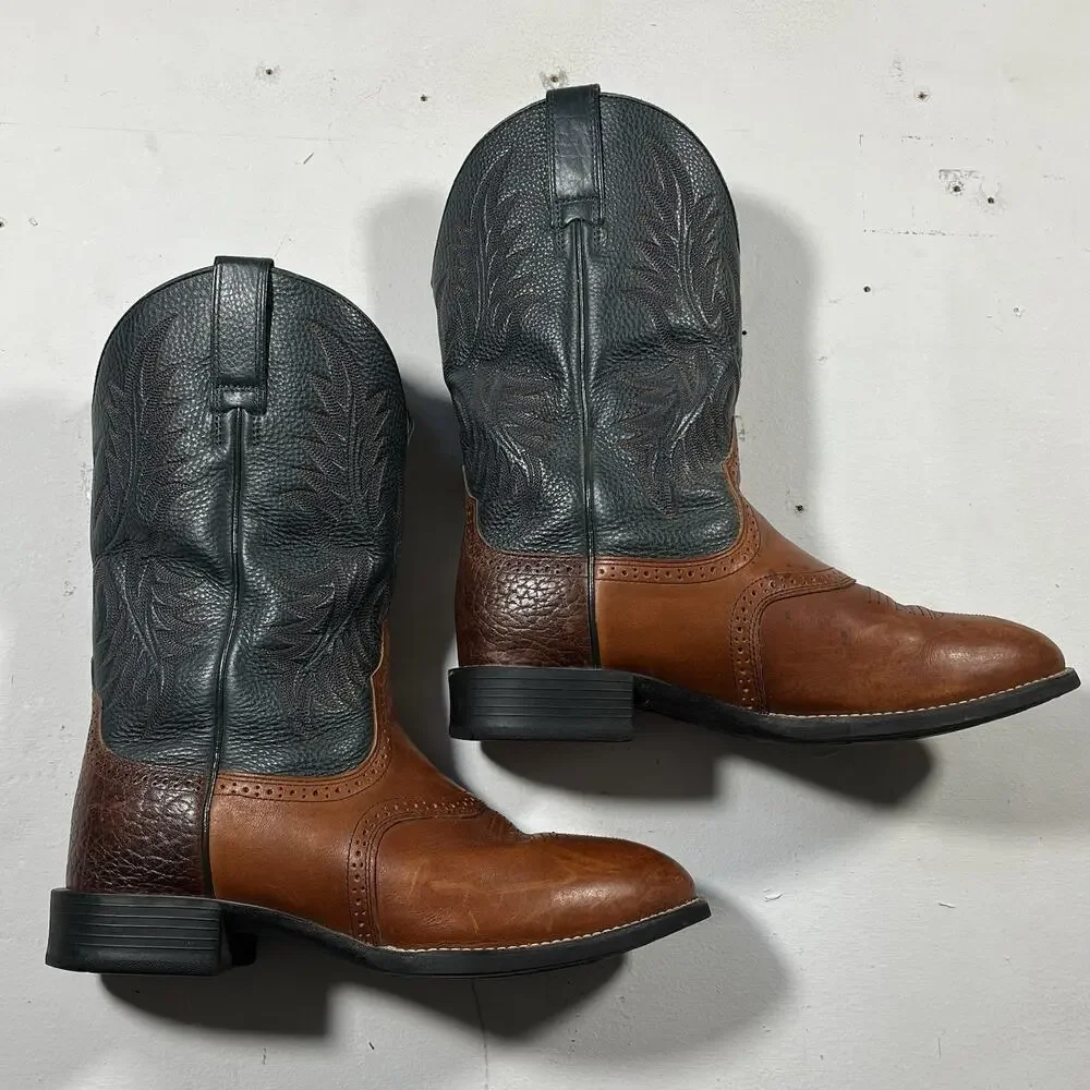 Ariat Western Cowboy Boots Brown Blue Leather Square Toe Men’s 9.5 EE